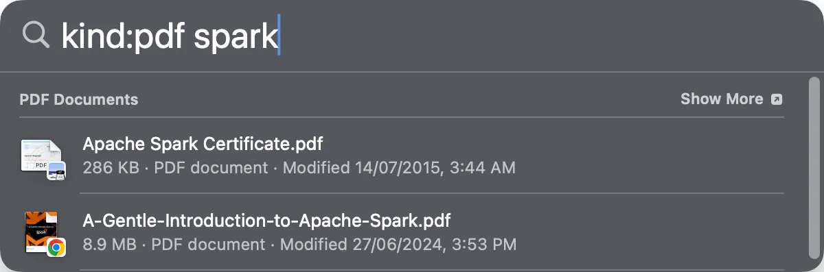 Spotlight search by file kind